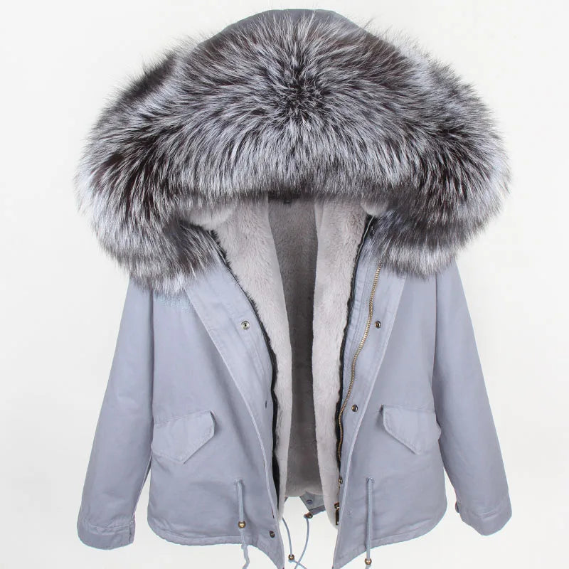 MAOMAOKONG 2025 Real Fur Coat New Fashion Fox Fur Collar Winter Women's clothing Removable Lining Thickened Jacket Short Parka