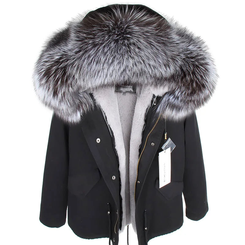 MAOMAOKONG 2025 Real Fur Coat New Fashion Fox Fur Collar Winter Women's clothing Removable Lining Thickened Jacket Short Parka