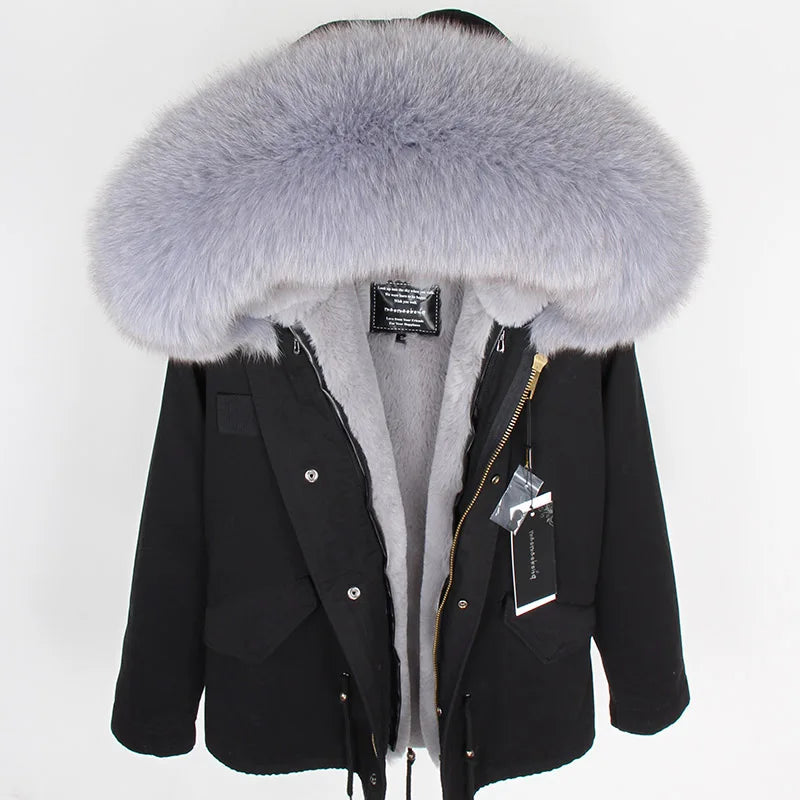 MAOMAOKONG 2025 Real Fur Coat New Fashion Fox Fur Collar Winter Women's clothing Removable Lining Thickened Jacket Short Parka