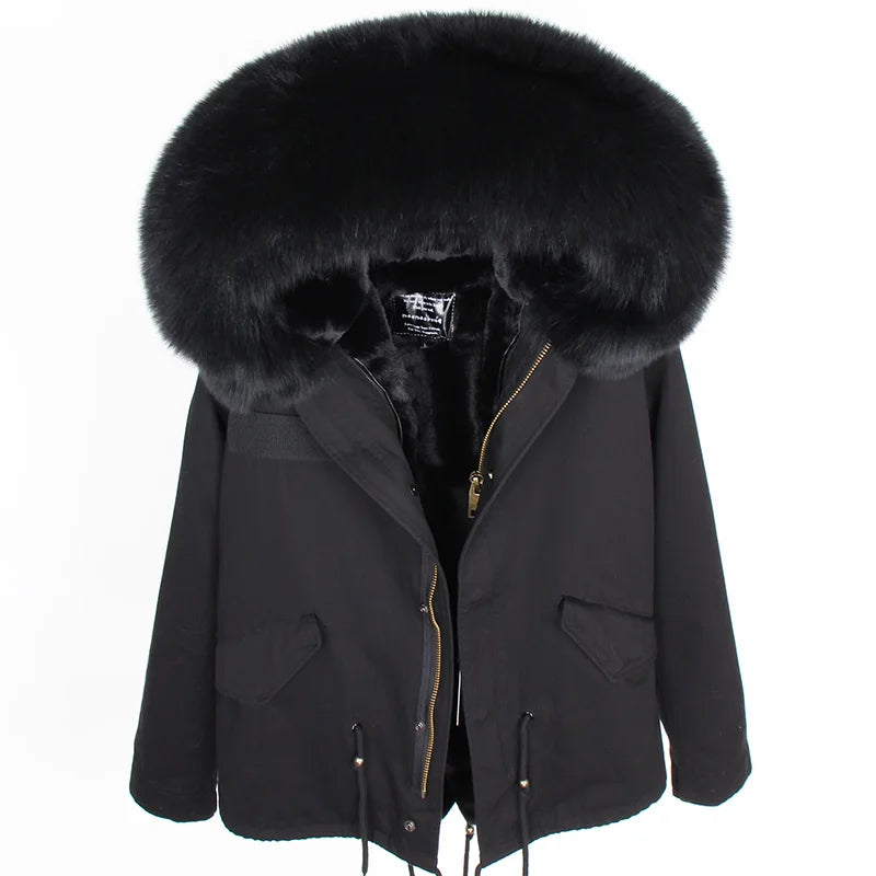 MAOMAOKONG 2025 Real Fur Coat New Fashion Fox Fur Collar Winter Women's clothing Removable Lining Thickened Jacket Short Parka