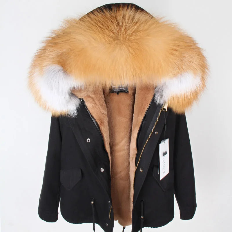 MAOMAOKONG 2025 Real Fur Coat New Fashion Fox Fur Collar Winter Women's clothing Removable Lining Thickened Jacket Short Parka