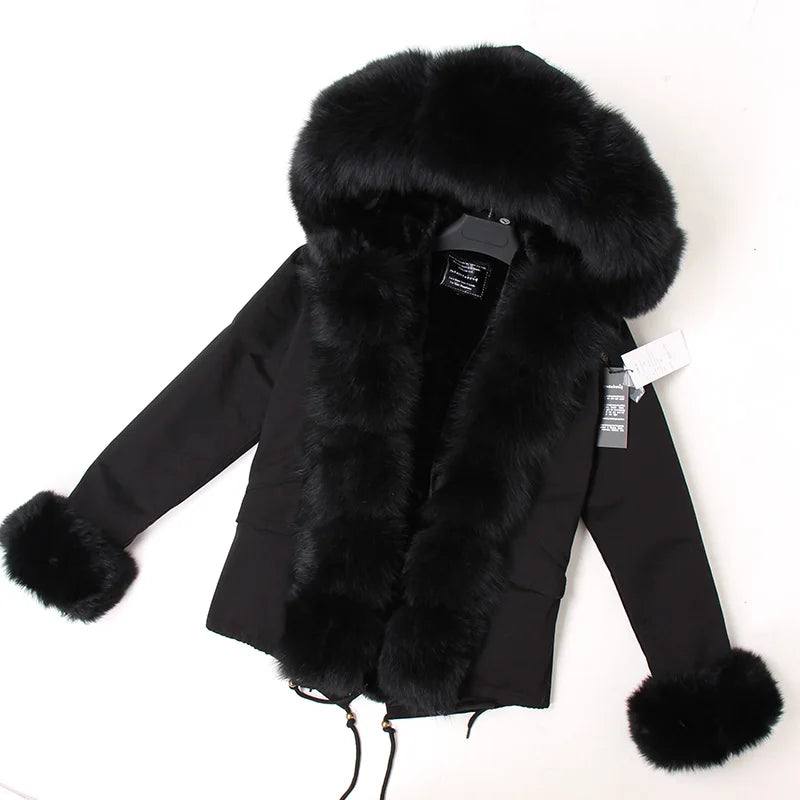 MAOMAOKONG 2025 Real Fur Coat New Fashion Fox Fur Collar Winter Women's clothing Removable Lining Thickened Jacket Short Parka