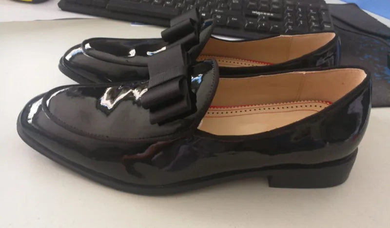 Qianruiti Claasic Bowknot Men Dress Shoes Handmade Patent Men's Banquet Loafers White Slip-on Belgian Style Business Shoe