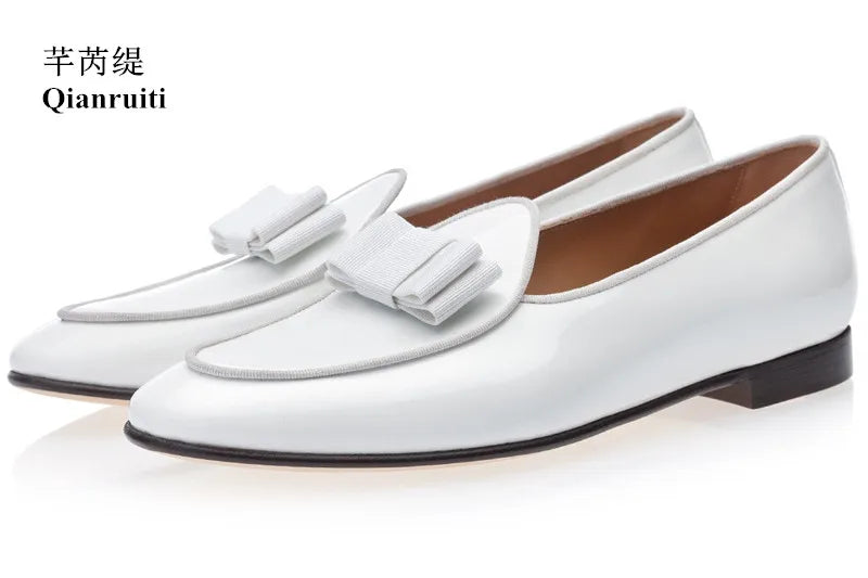 Qianruiti Claasic Bowknot Men Dress Shoes Handmade Patent Men's Banquet Loafers White Slip-on Belgian Style Business Shoe