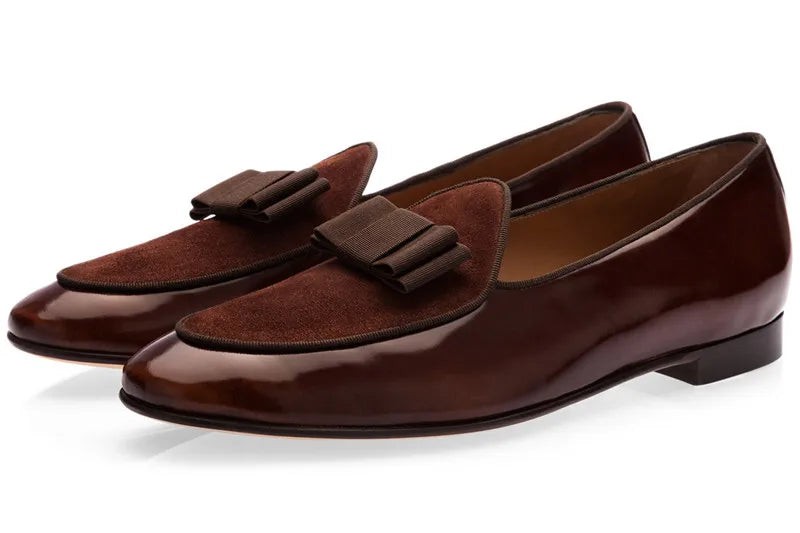 Qianruiti Claasic Bowknot Men Dress Shoes Handmade Patent Men's Banquet Loafers White Slip-on Belgian Style Business Shoe