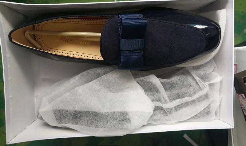 Qianruiti Claasic Bowknot Men Dress Shoes Handmade Patent Men's Banquet Loafers White Slip-on Belgian Style Business Shoe