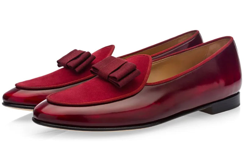 Qianruiti Claasic Bowknot Men Dress Shoes Handmade Patent Men's Banquet Loafers White Slip-on Belgian Style Business Shoe