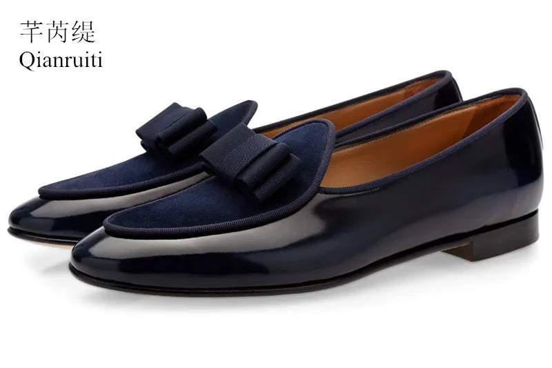 Qianruiti Claasic Bowknot Men Dress Shoes Handmade Patent Men's Banquet Loafers White Slip-on Belgian Style Business Shoe