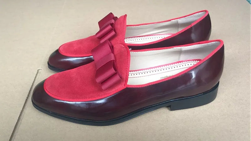 Qianruiti Claasic Bowknot Men Dress Shoes Handmade Patent Men's Banquet Loafers White Slip-on Belgian Style Business Shoe