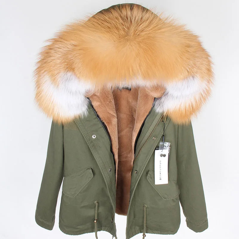 MAOMAOKONG 2025 Real Fur Coat New Fashion Fox Fur Collar Winter Women's clothing Removable Lining Thickened Jacket Short Parka