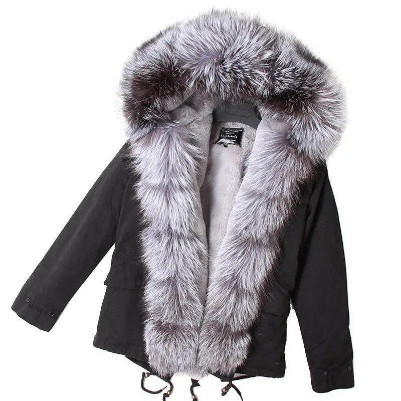MAOMAOKONG 2025 Real Fur Coat New Fashion Fox Fur Collar Winter Women's clothing Removable Lining Thickened Jacket Short Parka