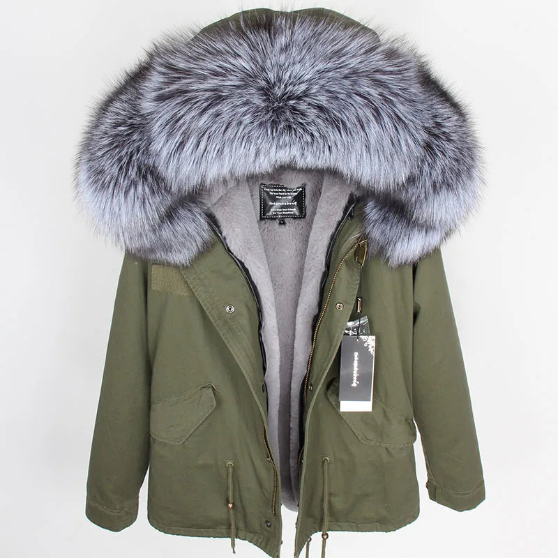 MAOMAOKONG 2025 Real Fur Coat New Fashion Fox Fur Collar Winter Women's clothing Removable Lining Thickened Jacket Short Parka