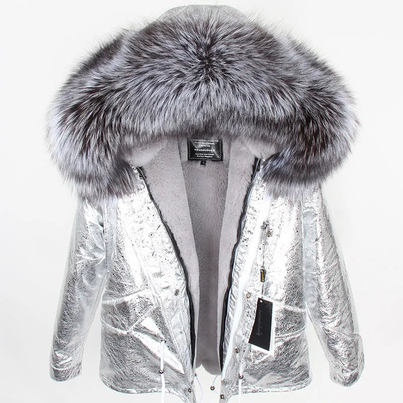 MAOMAOKONG 2025 Real Fur Coat New Fashion Fox Fur Collar Winter Women's clothing Removable Lining Thickened Jacket Short Parka