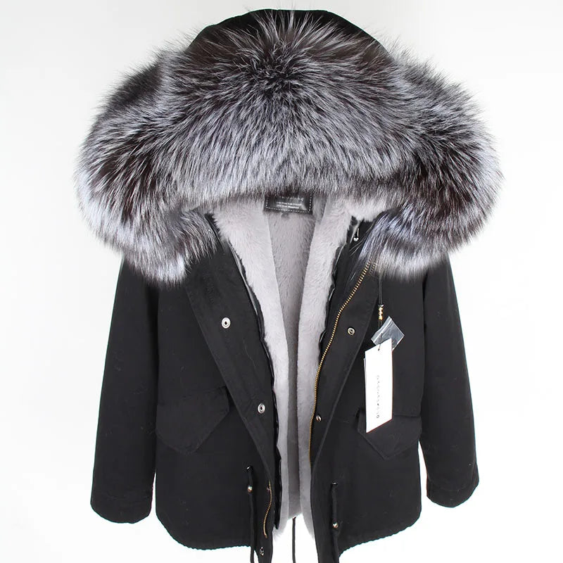 MAOMAOKONG 2025 Real Fur Coat New Fashion Fox Fur Collar Winter Women's clothing Removable Lining Thickened Jacket Short Parka