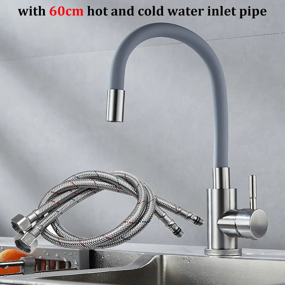 Rotatable Universal Bending Kitchen Sink Hot and Cold Dual-use Faucet 304 Stainless Steel Silicone Tube Sink Faucet