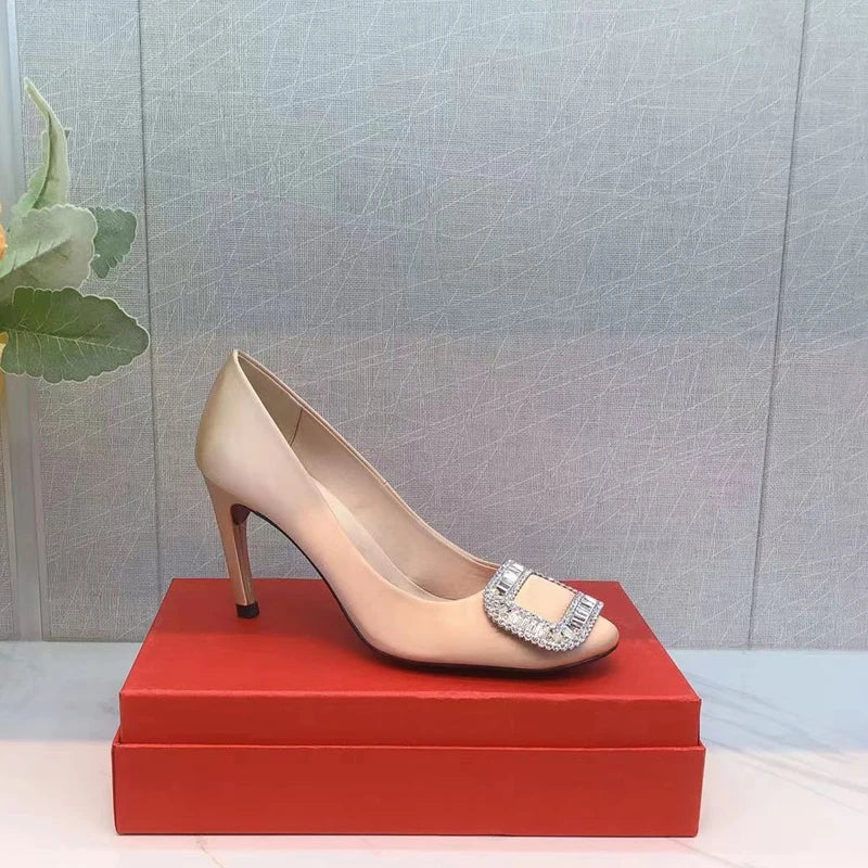 Women's New Square Button Single Shoes Silk Wedding Shoes Shallow Mouth Round Toe Thin Heel Rhinestone High Heels