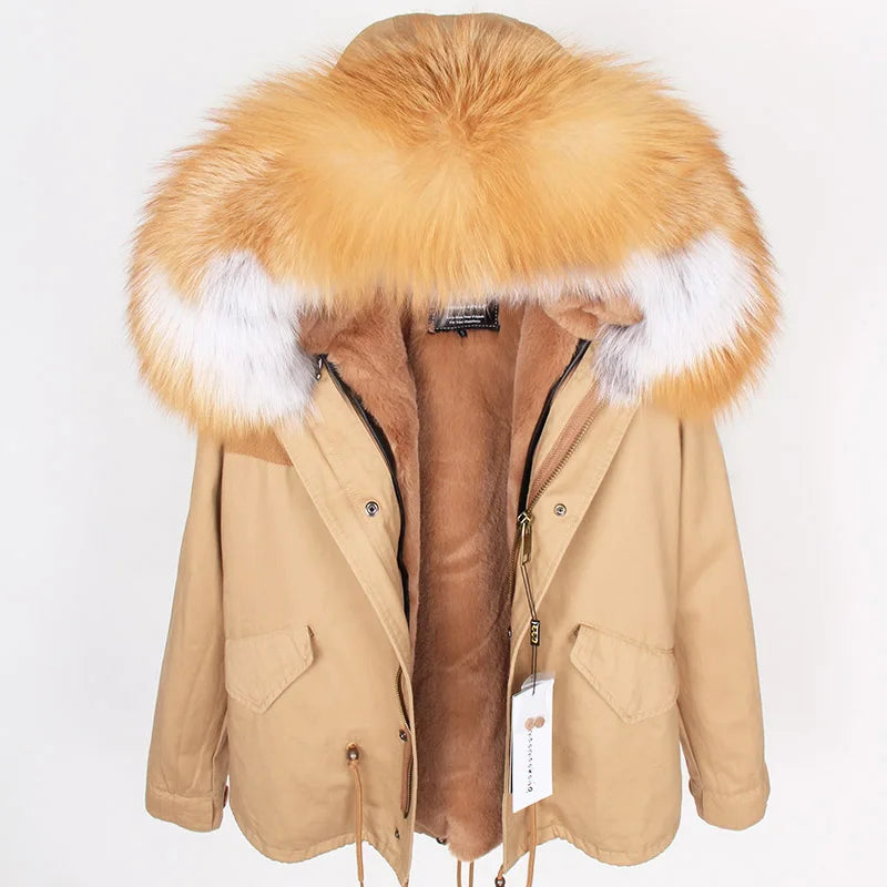 MAOMAOKONG 2025 Real Fur Coat New Fashion Fox Fur Collar Winter Women's clothing Removable Lining Thickened Jacket Short Parka