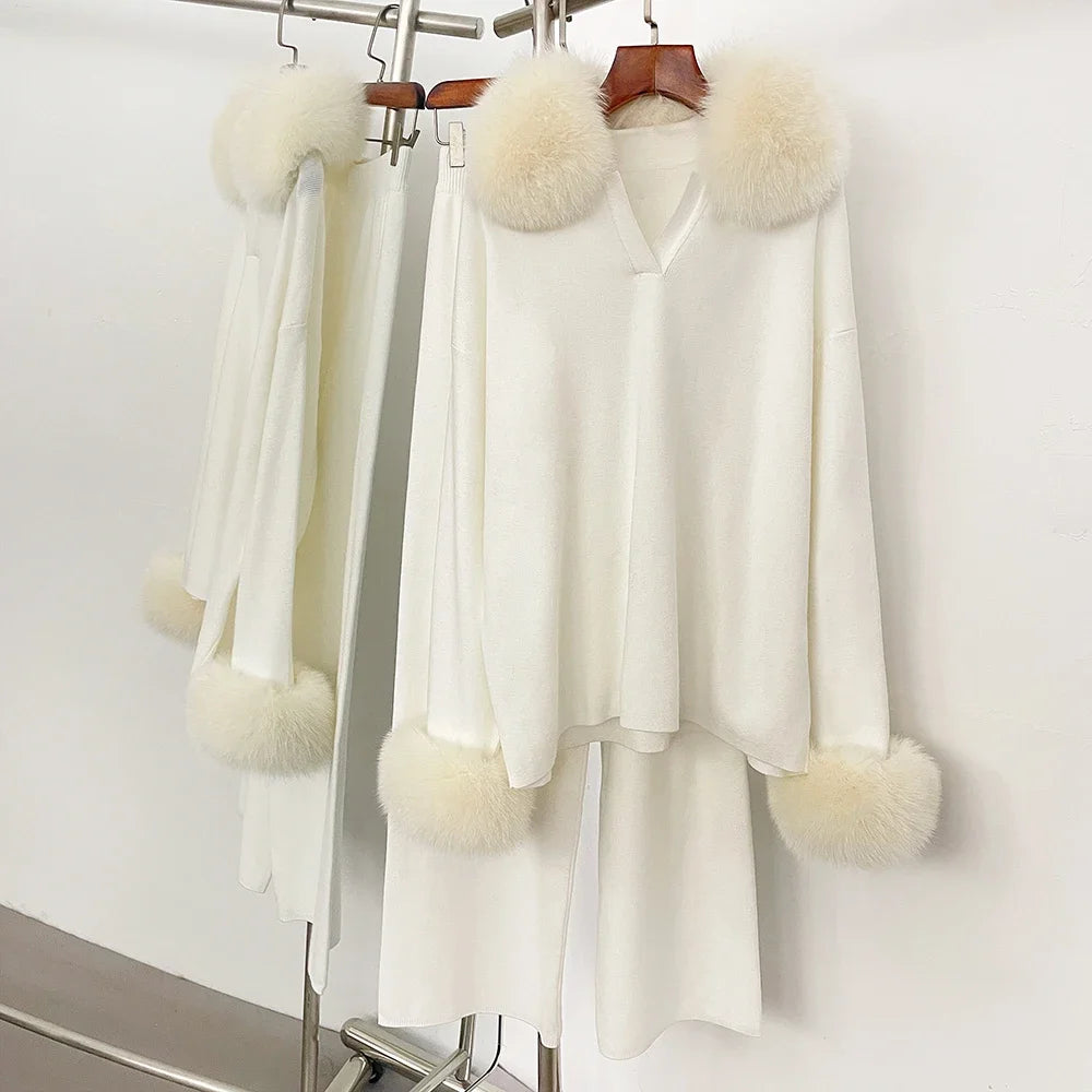 Sweater Real Fox Fur Collar New Autumn Winter Clothing Women Fashion Sweater Suit Female Raccoon Fur Pullovers Trousers Set Lady