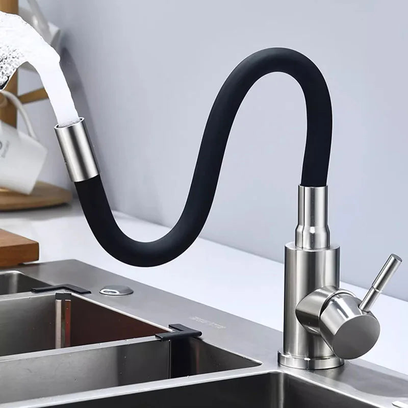 Rotatable Universal Bending Kitchen Sink Hot and Cold Dual-use Faucet 304 Stainless Steel Silicone Tube Sink Faucet