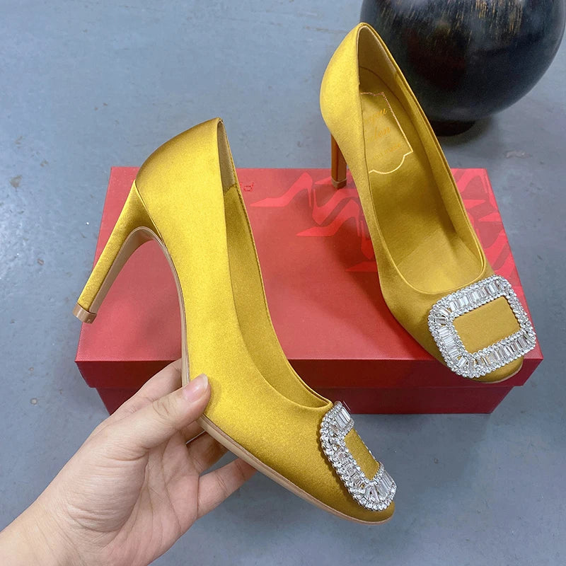 Women's New Square Button Single Shoes Silk Wedding Shoes Shallow Mouth Round Toe Thin Heel Rhinestone High Heels