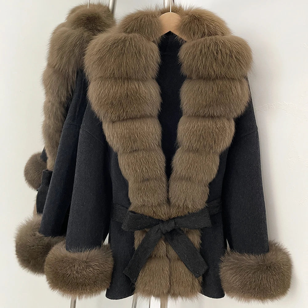 Reality Fur Jacket Women Natural Fox Fur Cuffs Winter Clothing Female Real Fur Wool Jacket Fashion Elegant Woolen Coat With Belt