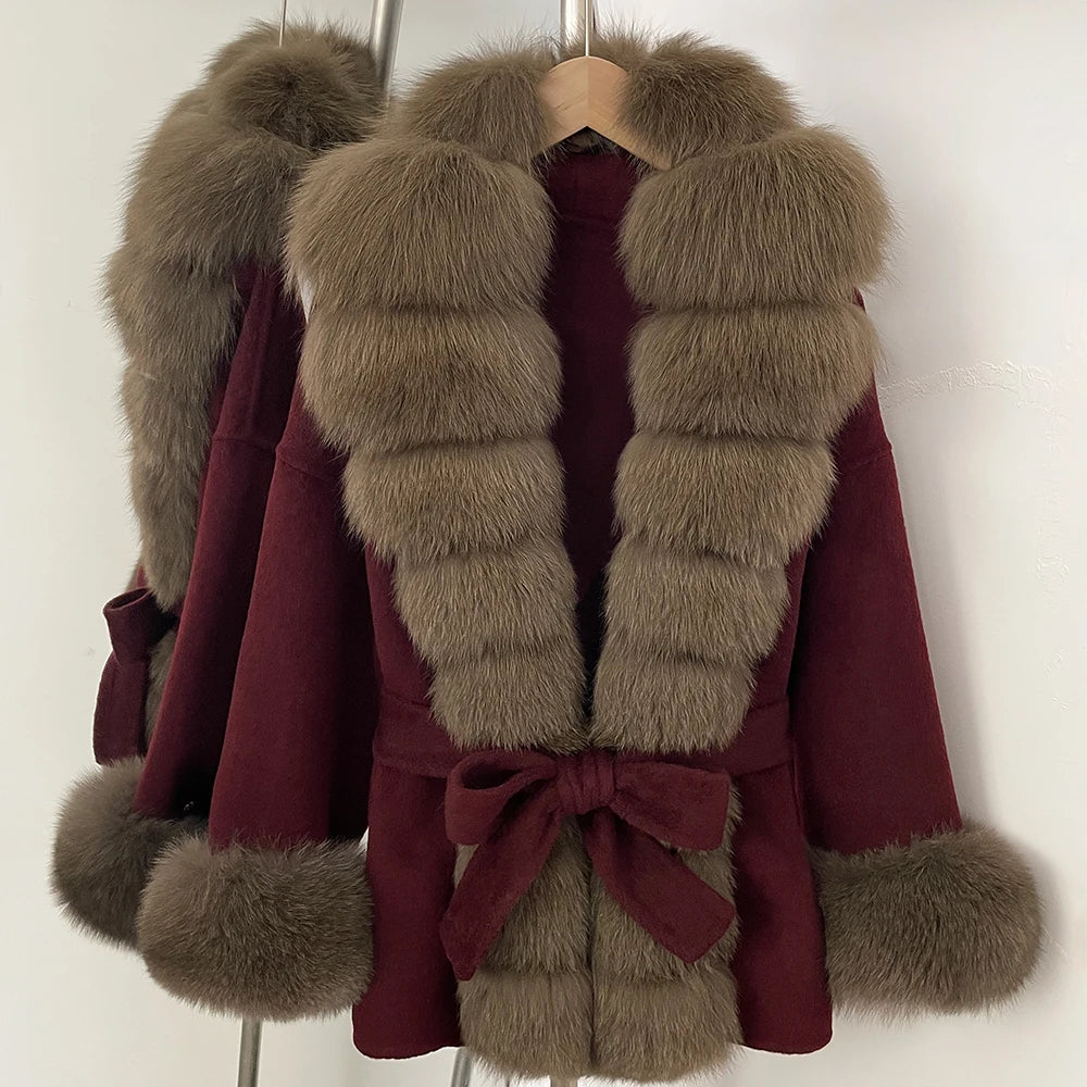 Reality Fur Jacket Women Natural Fox Fur Cuffs Winter Clothing Female Real Fur Wool Jacket Fashion Elegant Woolen Coat With Belt
