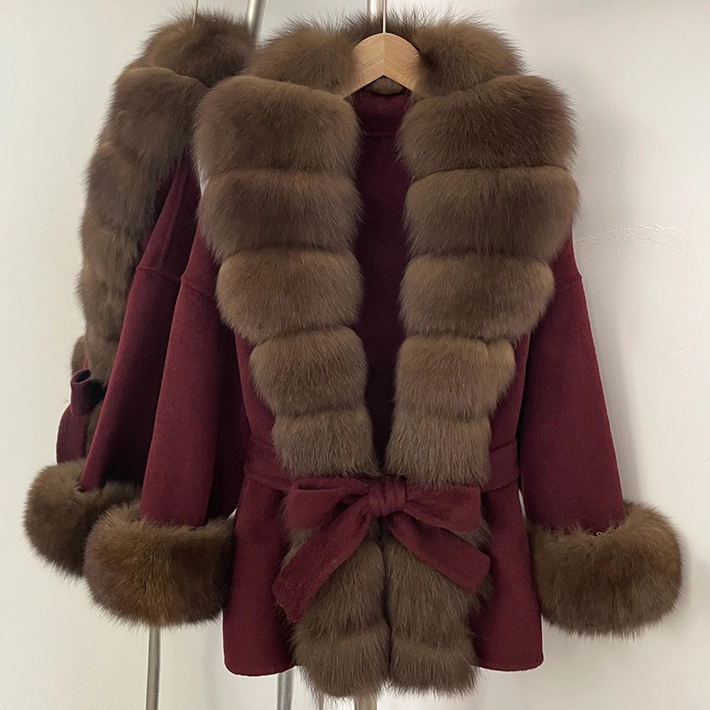 Reality Fur Jacket Women Natural Fox Fur Cuffs Winter Clothing Female Real Fur Wool Jacket Fashion Elegant Woolen Coat With Belt