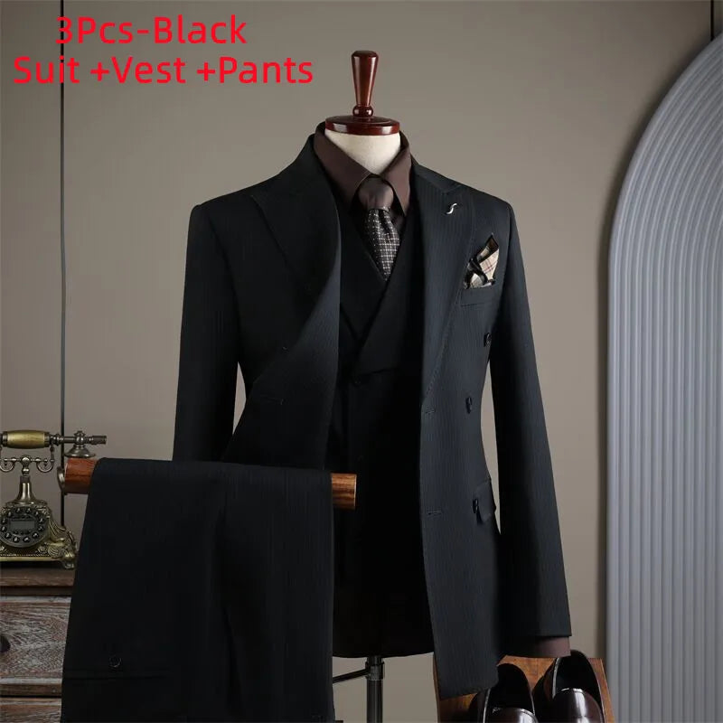 High Quality Mens Suit Formal Business Slim Fit Double-breasted Striped Suit Set Groom Wedding Dress Party Tuxedo Men's Clothing