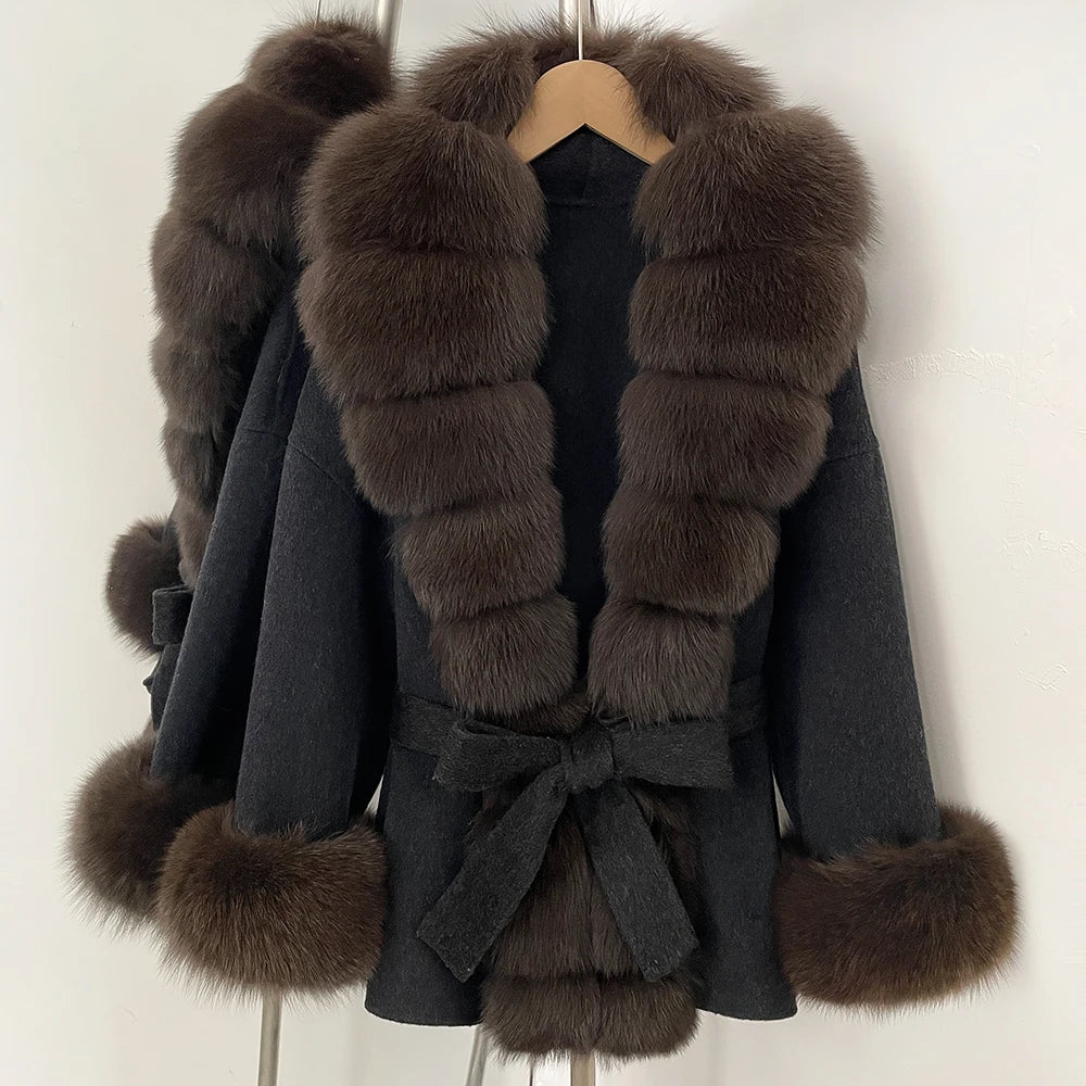 Reality Fur Jacket Women Natural Fox Fur Cuffs Winter Clothing Female Real Fur Wool Jacket Fashion Elegant Woolen Coat With Belt