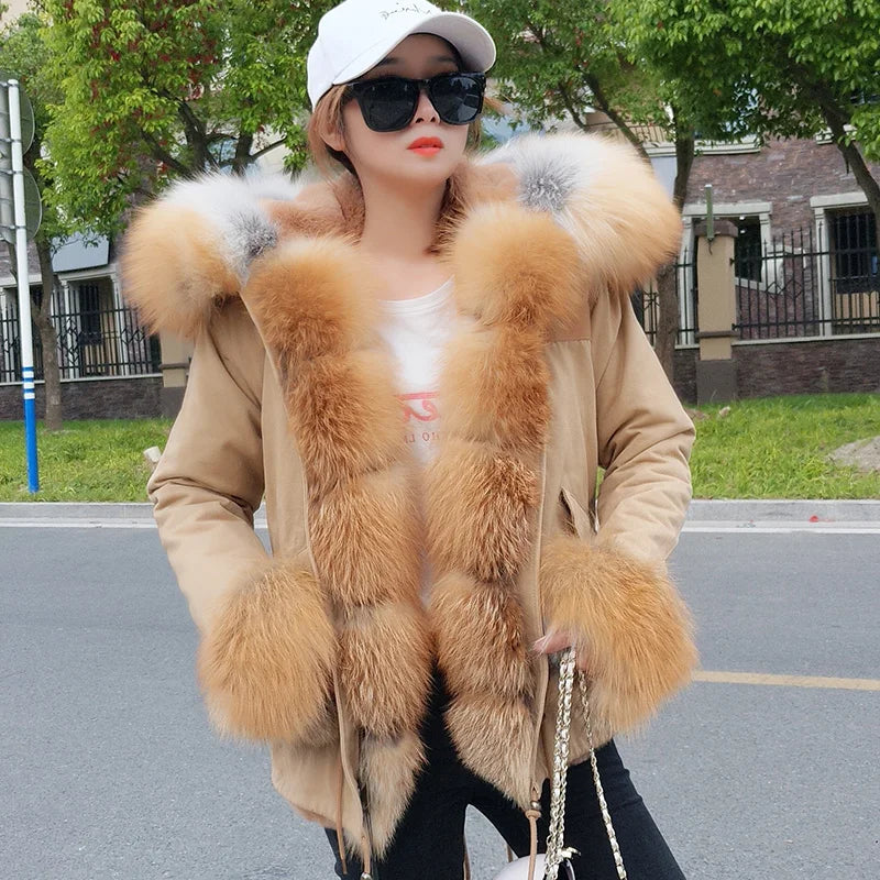 MAOMAOKONG 2025 Real Fur Coat New Fashion Fox Fur Collar Winter Women's clothing Removable Lining Thickened Jacket Short Parka