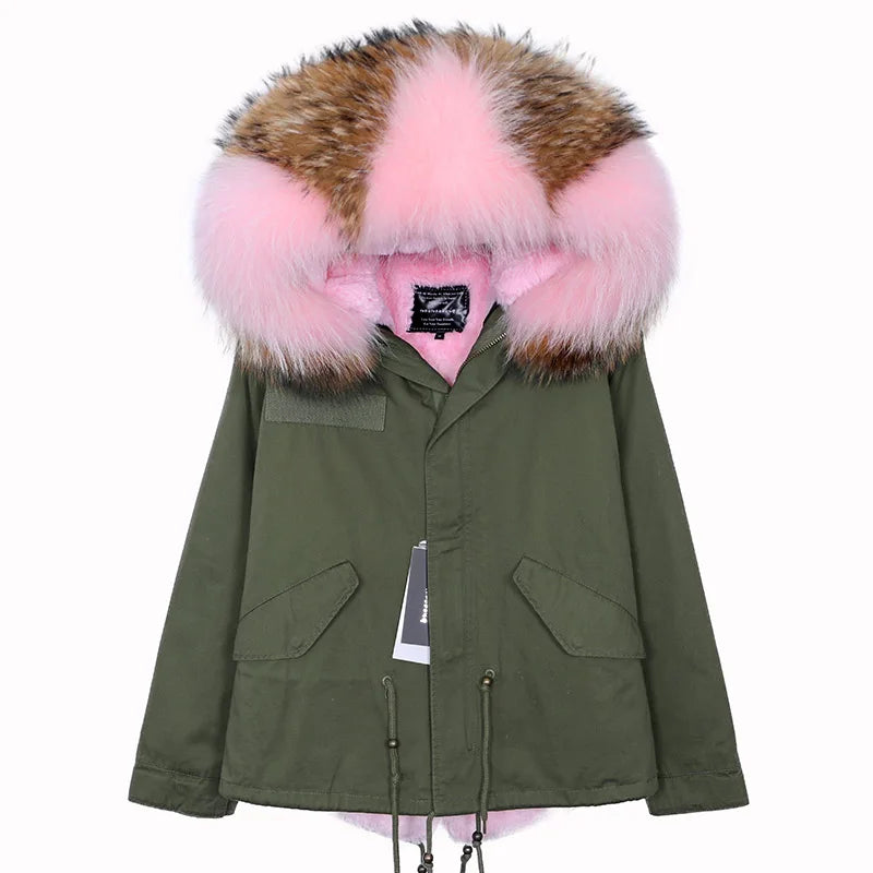 MAOMAOKONG 2025 Real Fur Coat New Fashion Fox Fur Collar Winter Women's clothing Removable Lining Thickened Jacket Short Parka