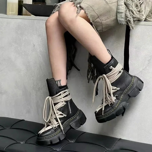 2025 New Desert Punk Style Women's Shoes British Style Multi-Lace Casual Boots Wilderness Style Thick-Soled Street Style Riding Boots