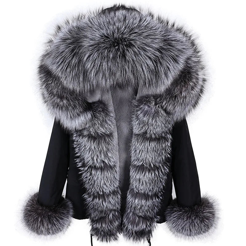 MAOMAOKONG 2025 Real Fur Coat New Fashion Fox Fur Collar Winter Women's clothing Removable Lining Thickened Jacket Short Parka