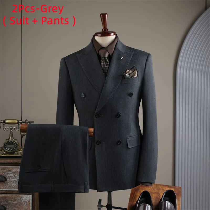 High Quality Mens Suit Formal Business Slim Fit Double-breasted Striped Suit Set Groom Wedding Dress Party Tuxedo Men's Clothing