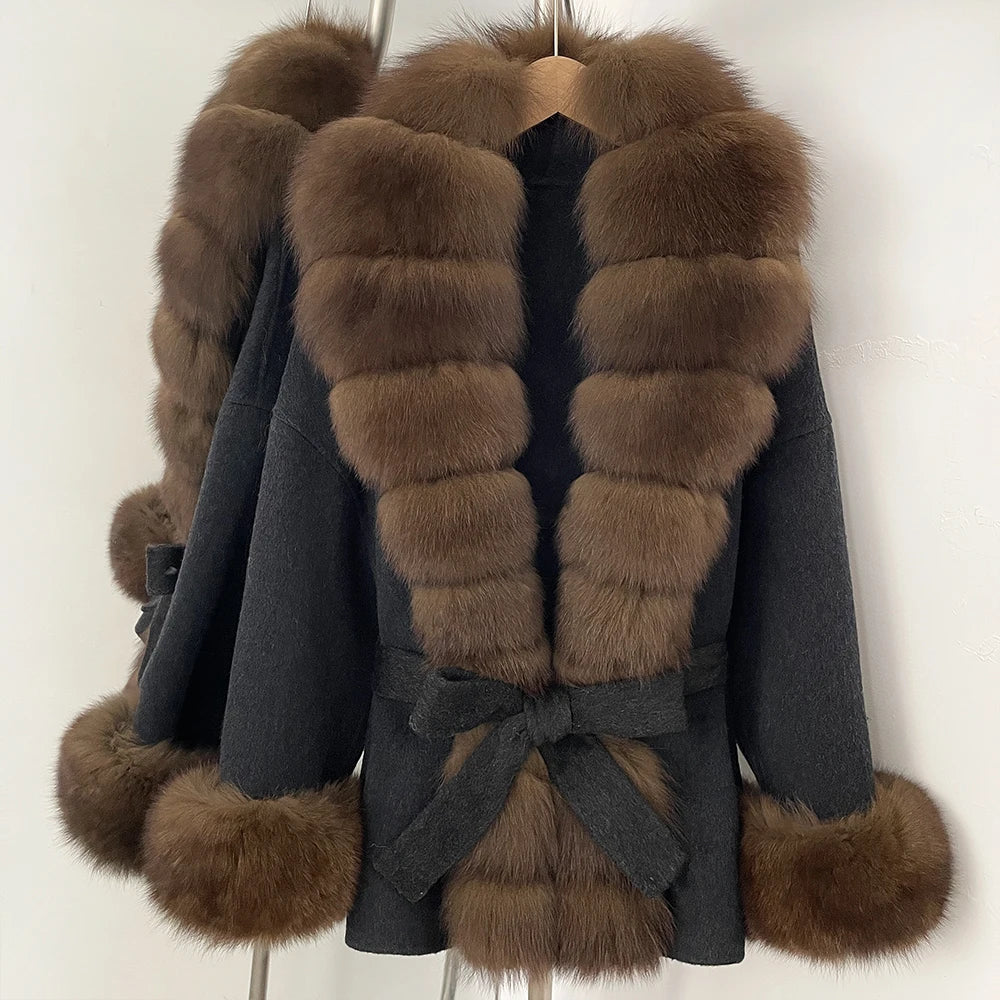 Reality Fur Jacket Women Natural Fox Fur Cuffs Winter Clothing Female Real Fur Wool Jacket Fashion Elegant Woolen Coat With Belt