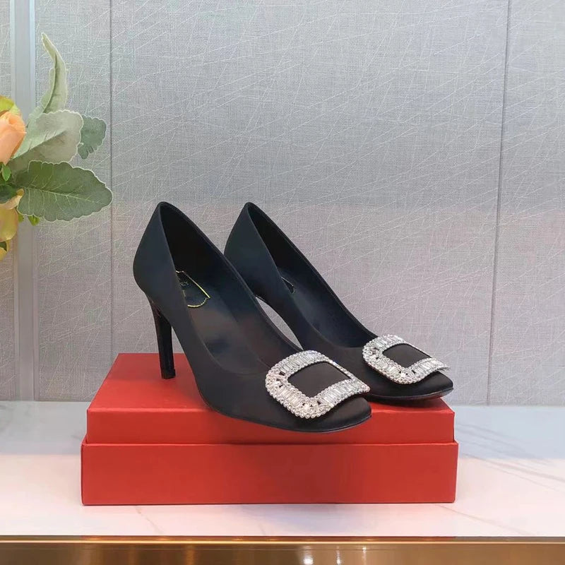 Women's New Square Button Single Shoes Silk Wedding Shoes Shallow Mouth Round Toe Thin Heel Rhinestone High Heels