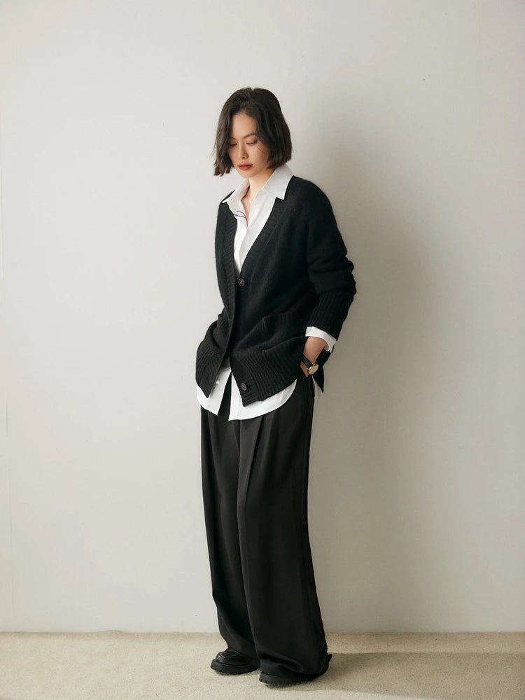 Thick Autumn Winter Women's Button Pocket Cardigan V-Neck 100% Cashmere Sweater Warm Soft Grace Luxury Style Clothing Tops