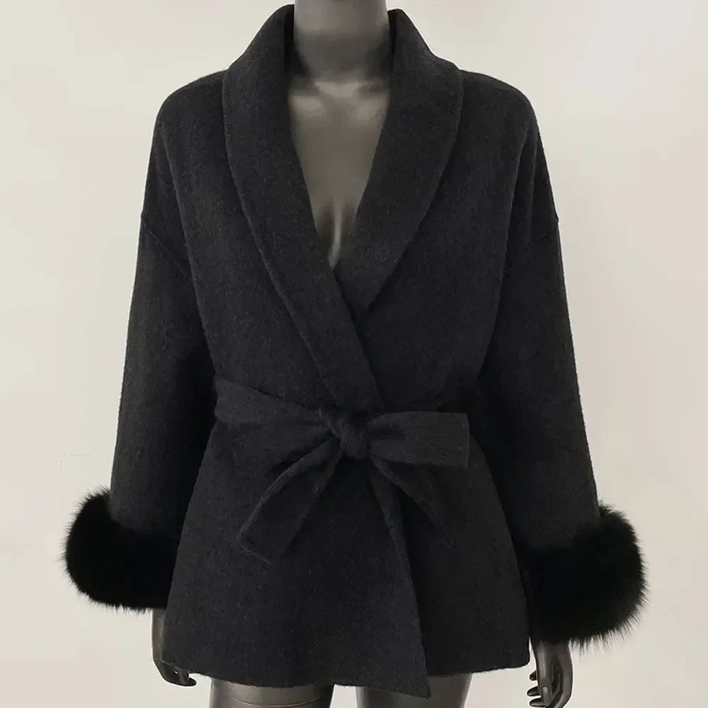 Long Sleeve Woolen Coat Elegant Office Lady Overcoats Fur Patchwork Beautiful Women's Clothing Fur Jacket Autumn 2024 Spring