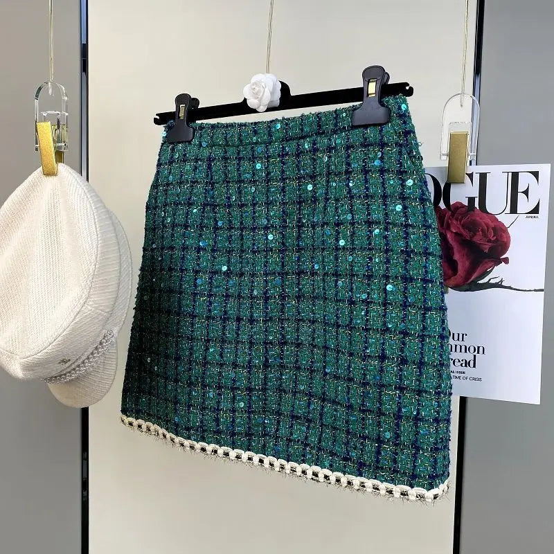 Women Elegant Vintage Tweed Fragrant Suit Jacke Coat Top And Skirt Two Piece Set Green Outfit Winter Jacquard Party Clothing