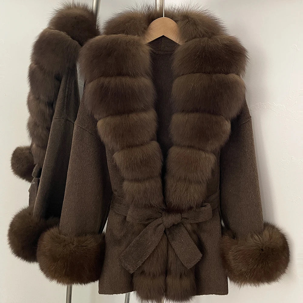 Reality Fur Jacket Women Natural Fox Fur Cuffs Winter Clothing Female Real Fur Wool Jacket Fashion Elegant Woolen Coat With Belt