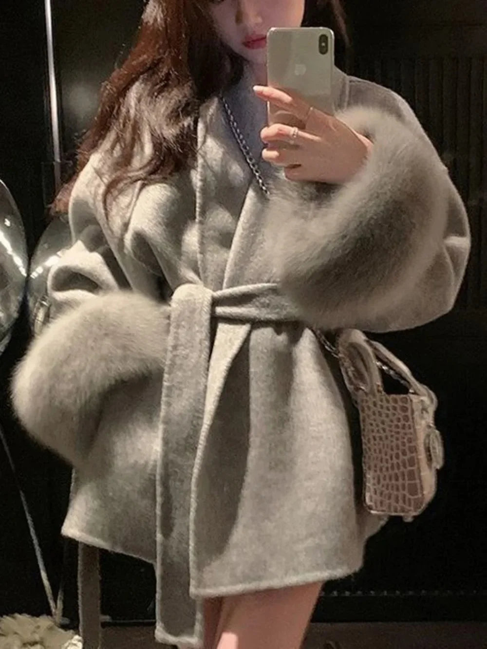 Long Sleeve Woolen Coat Elegant Office Lady Overcoats Fur Patchwork Beautiful Women's Clothing Fur Jacket Autumn 2024 Spring