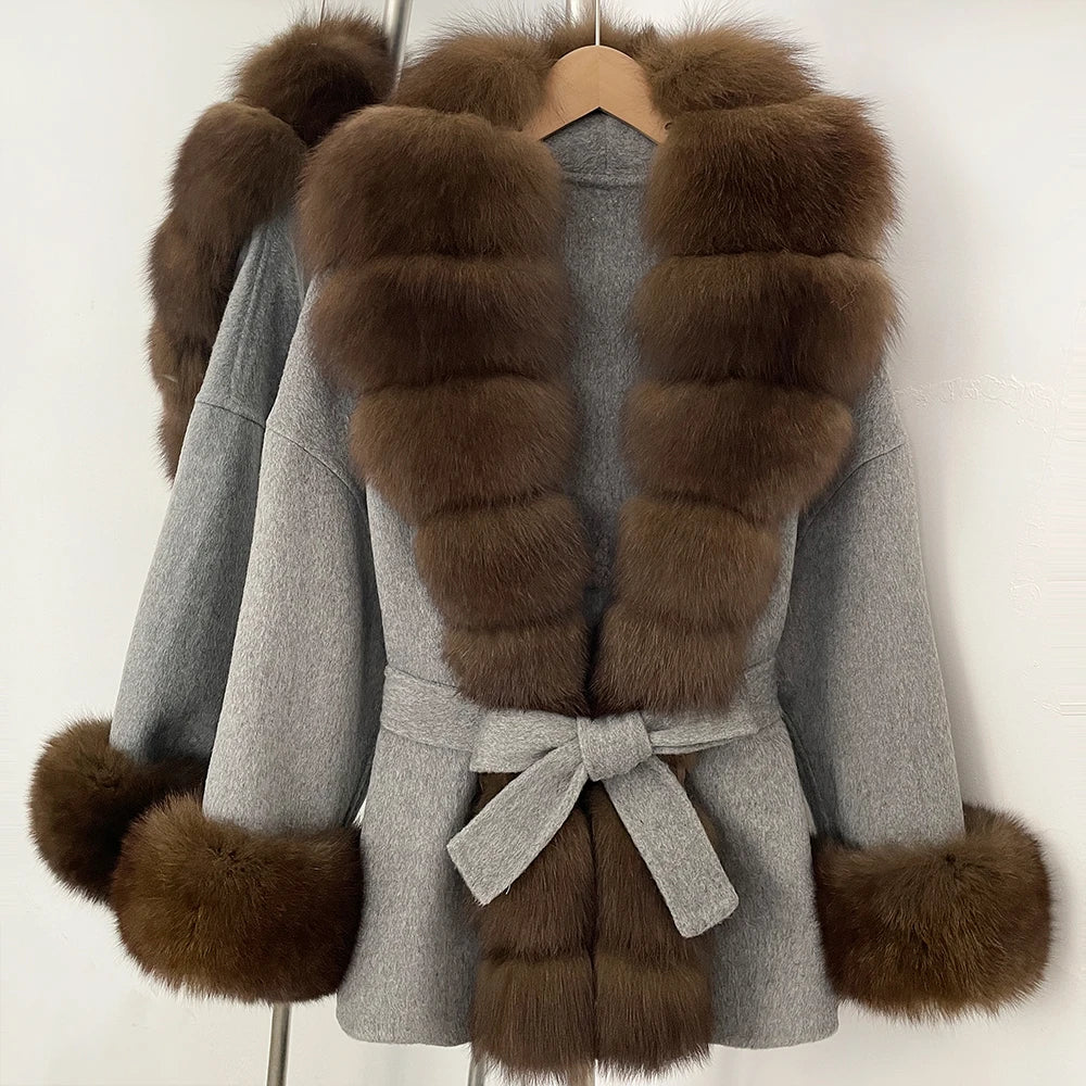 Reality Fur Jacket Women Natural Fox Fur Cuffs Winter Clothing Female Real Fur Wool Jacket Fashion Elegant Woolen Coat With Belt