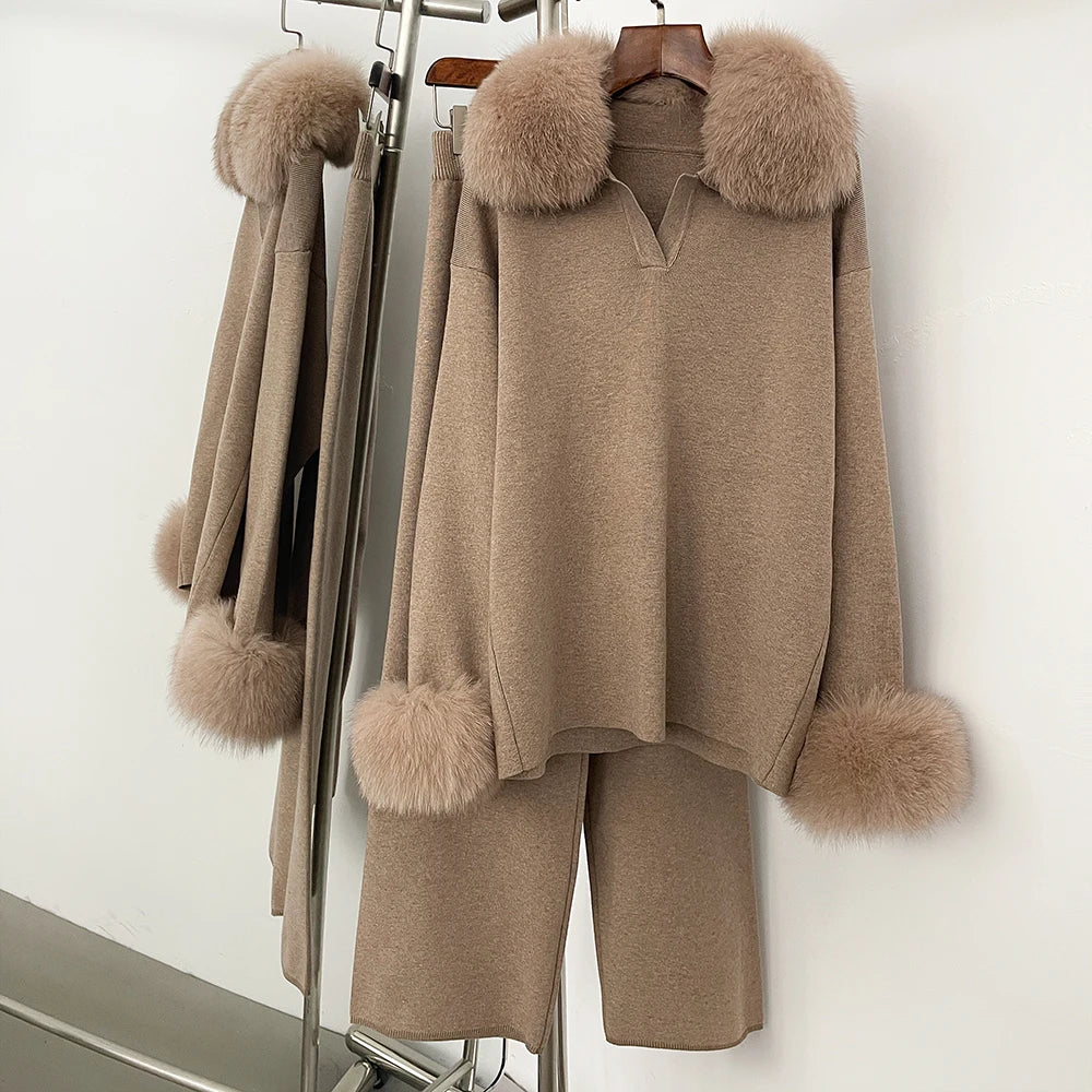 Sweater Real Fox Fur Collar New Autumn Winter Clothing Women Fashion Sweater Suit Female Raccoon Fur Pullovers Trousers Set Lady