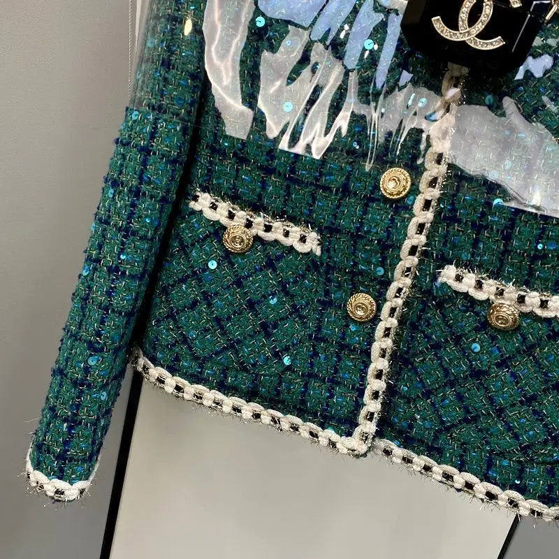 Women Elegant Vintage Tweed Fragrant Suit Jacke Coat Top And Skirt Two Piece Set Green Outfit Winter Jacquard Party Clothing