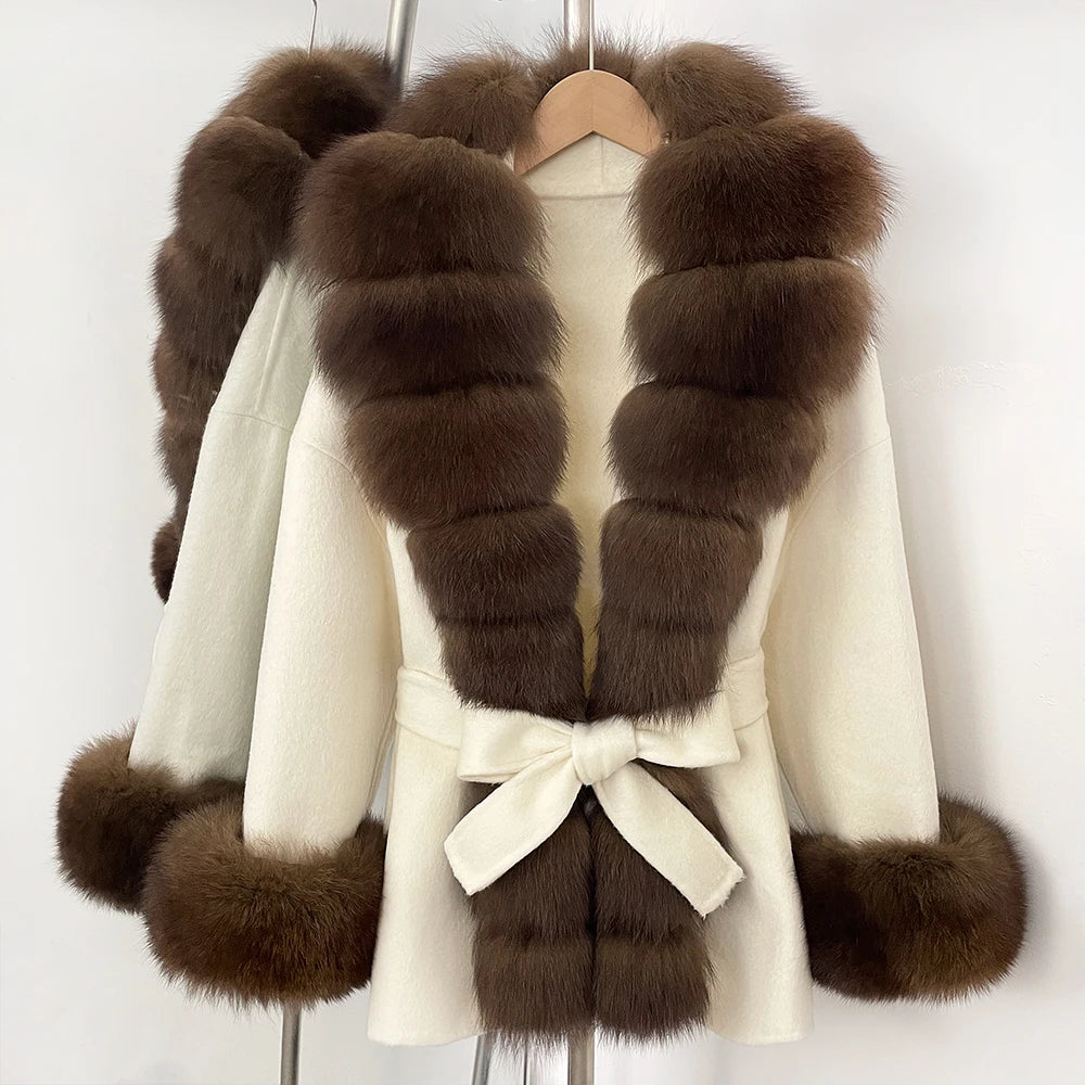 Reality Fur Jacket Women Natural Fox Fur Cuffs Winter Clothing Female Real Fur Wool Jacket Fashion Elegant Woolen Coat With Belt