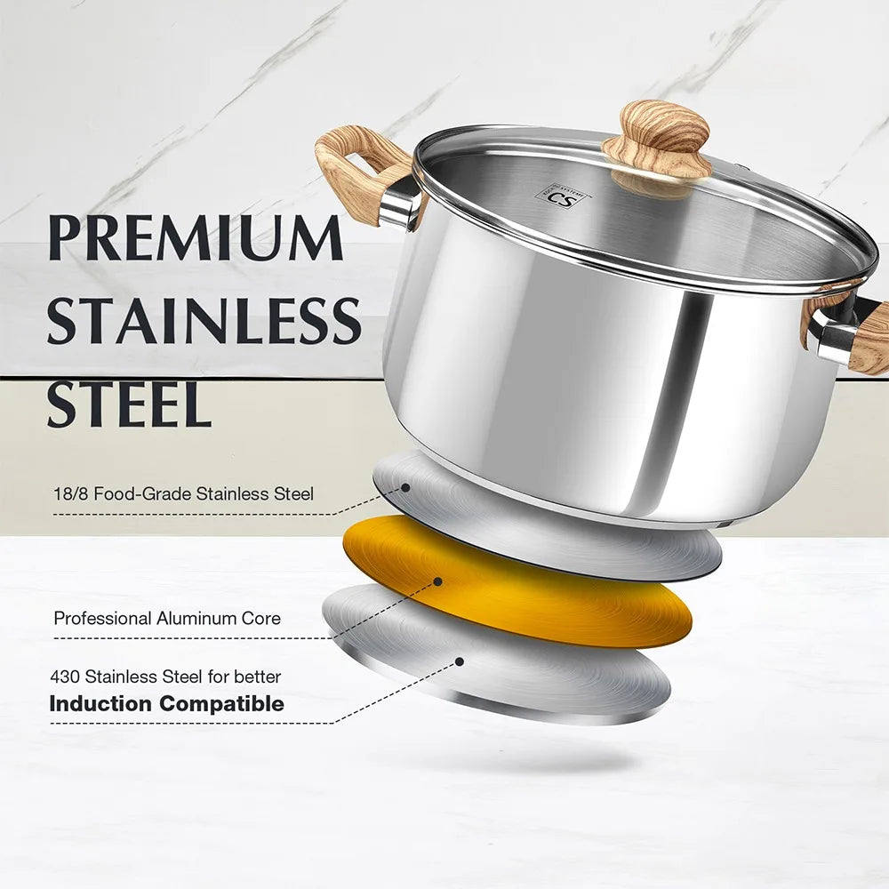 CSK Stainless Steel Pot 8 Quart Stock Pot with Visible Lid for Soup Pasta Vegetable Double Handle Dishwasher Safe