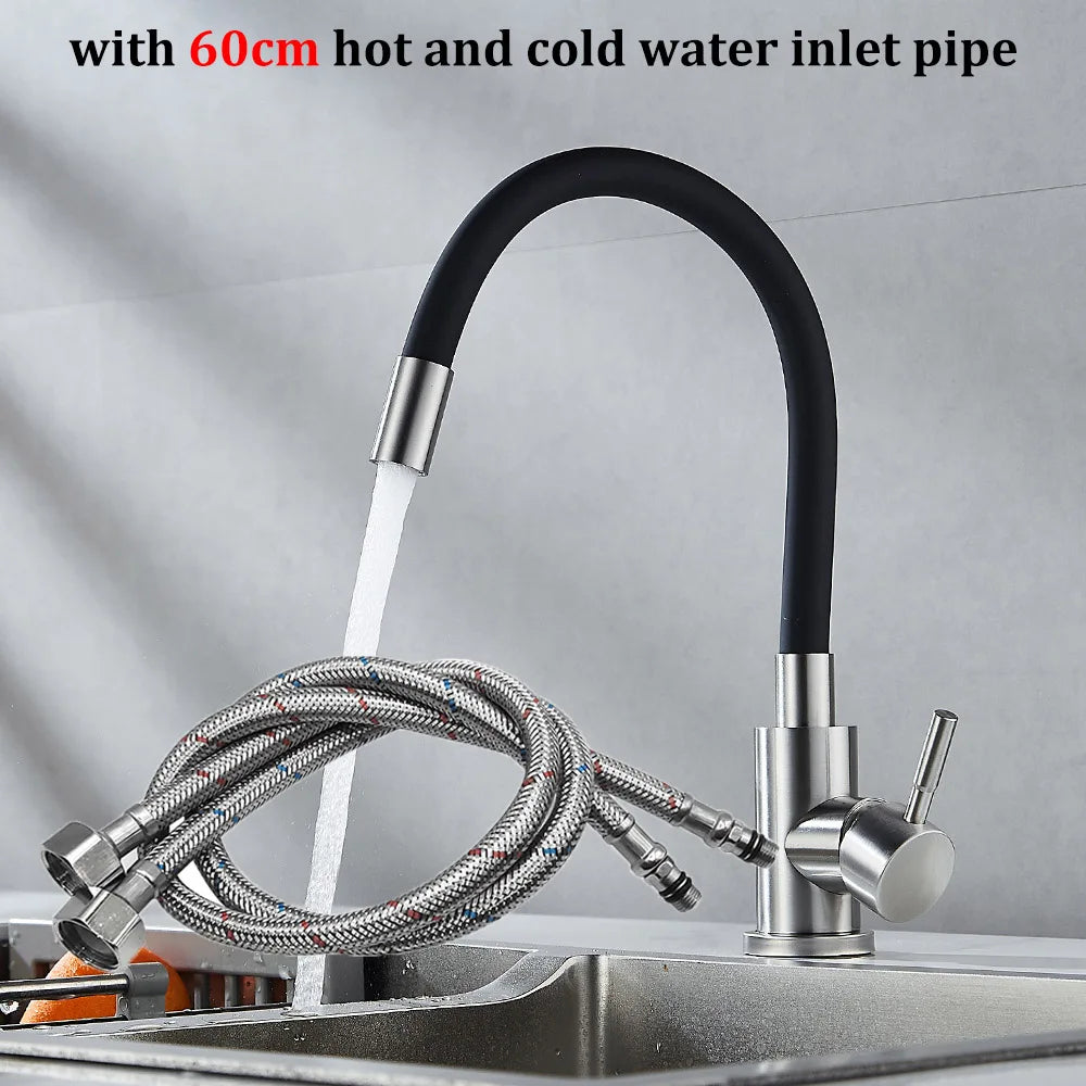 Rotatable Universal Bending Kitchen Sink Hot and Cold Dual-use Faucet 304 Stainless Steel Silicone Tube Sink Faucet