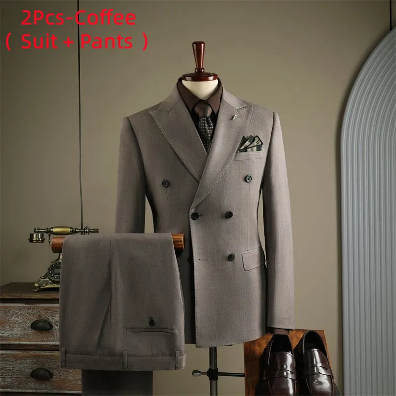 High Quality Mens Suit Formal Business Slim Fit Double-breasted Striped Suit Set Groom Wedding Dress Party Tuxedo Men's Clothing
