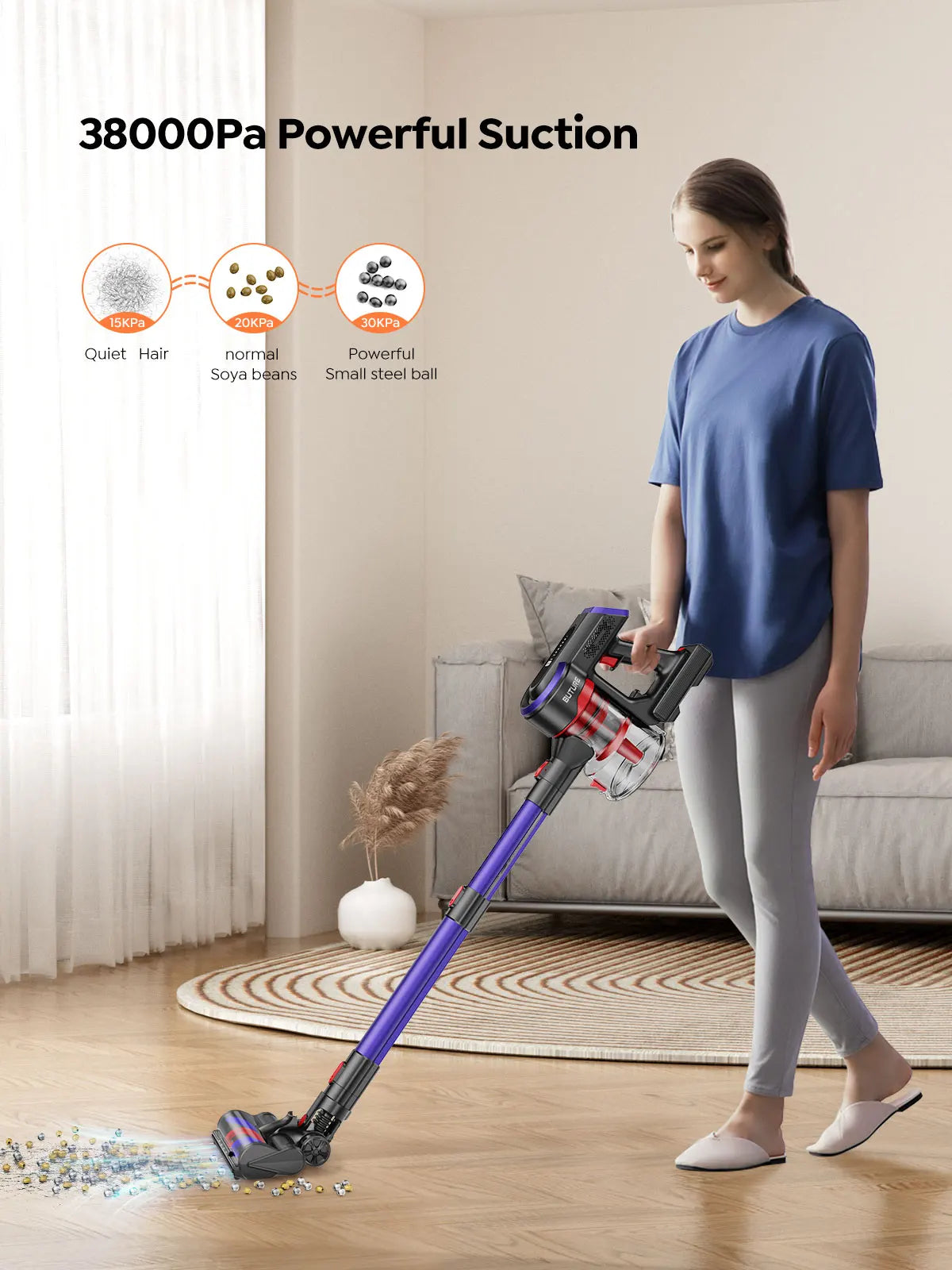 Burure JR400 portable cordless vacuum cleaner 38000PA suction power 450W household appliances 1.5L dust cup with touch screen cordless detachable battery, suitable for automotive animal hair