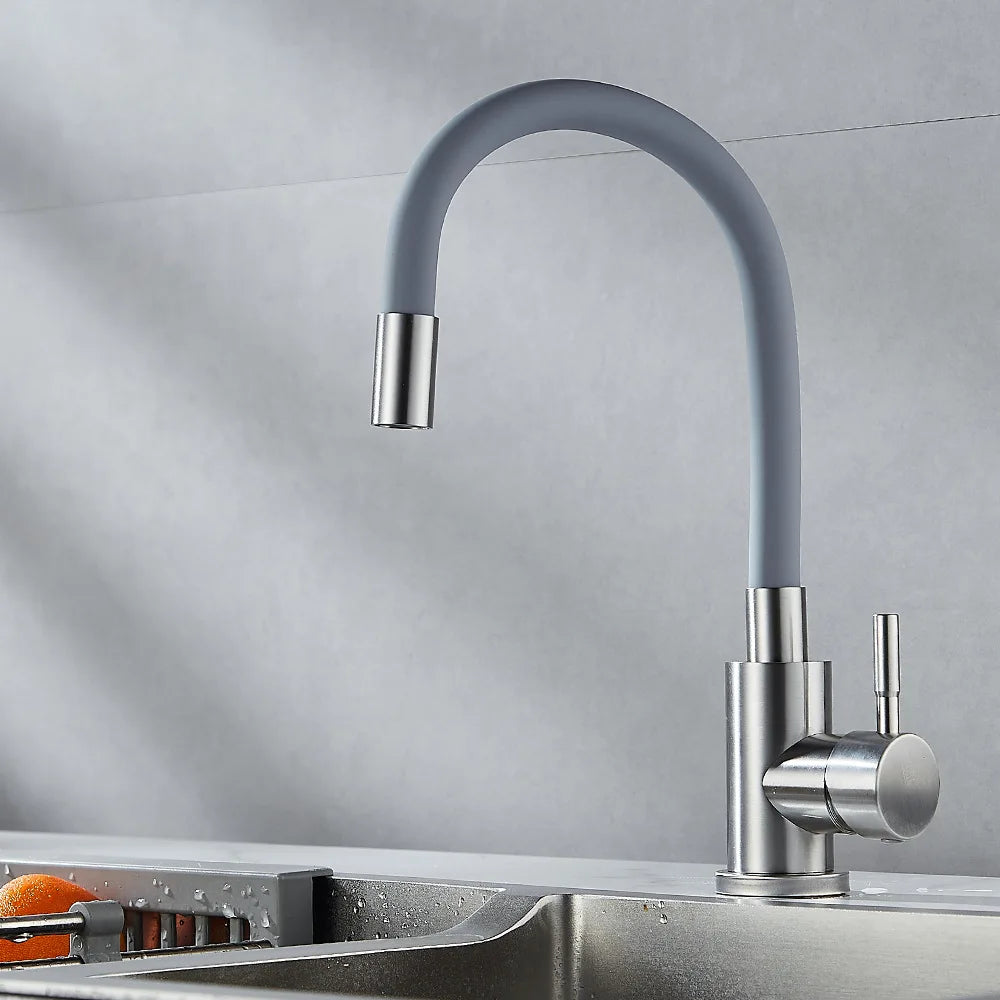 Rotatable Universal Bending Kitchen Sink Hot and Cold Dual-use Faucet 304 Stainless Steel Silicone Tube Sink Faucet